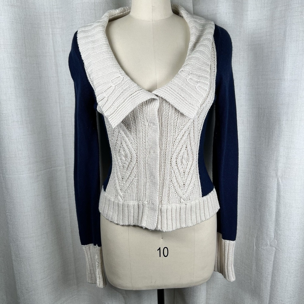 Anthropologie Field Flower Cardigan Sweater Color Block Navy Blue White Small